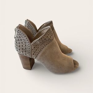 ANTONIO MELANI Taupe Suede Peep-Toe Block Heel Booties